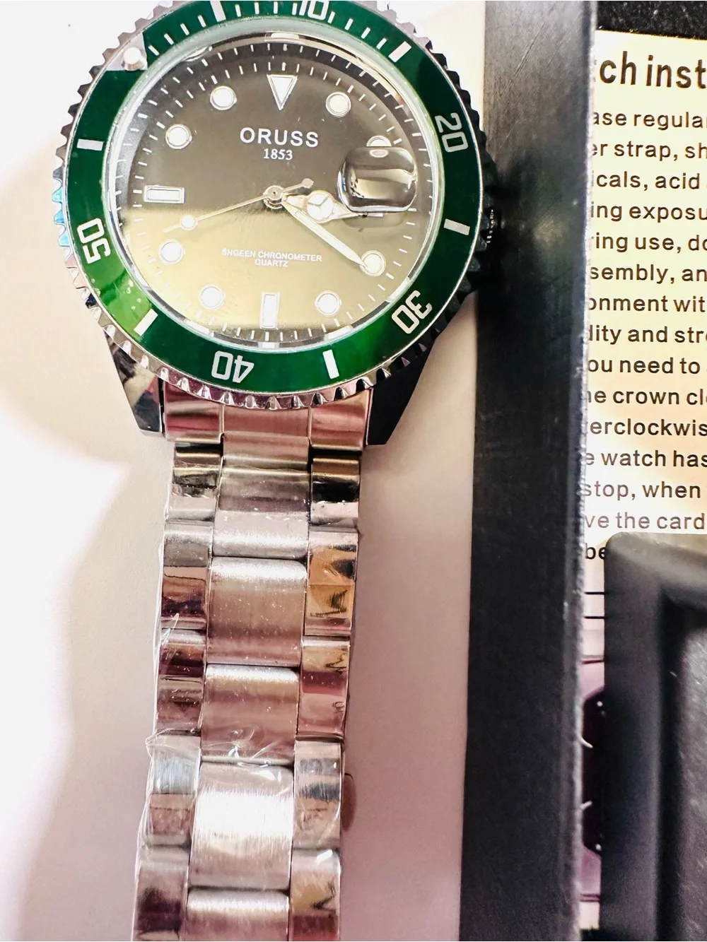 NWT Oruss 1853 Quartz Green Bezel UNTESTED  Bracelet Watch/ with Tool